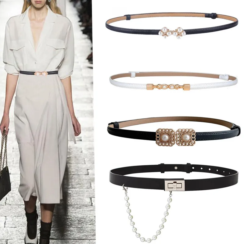 

New Adjust PU Leather Pearl Cummerbunds Dress Belts Girdle Thin Women Skirt Waistbands Gold Aloy Buckle Strap Belts Pasek Damski