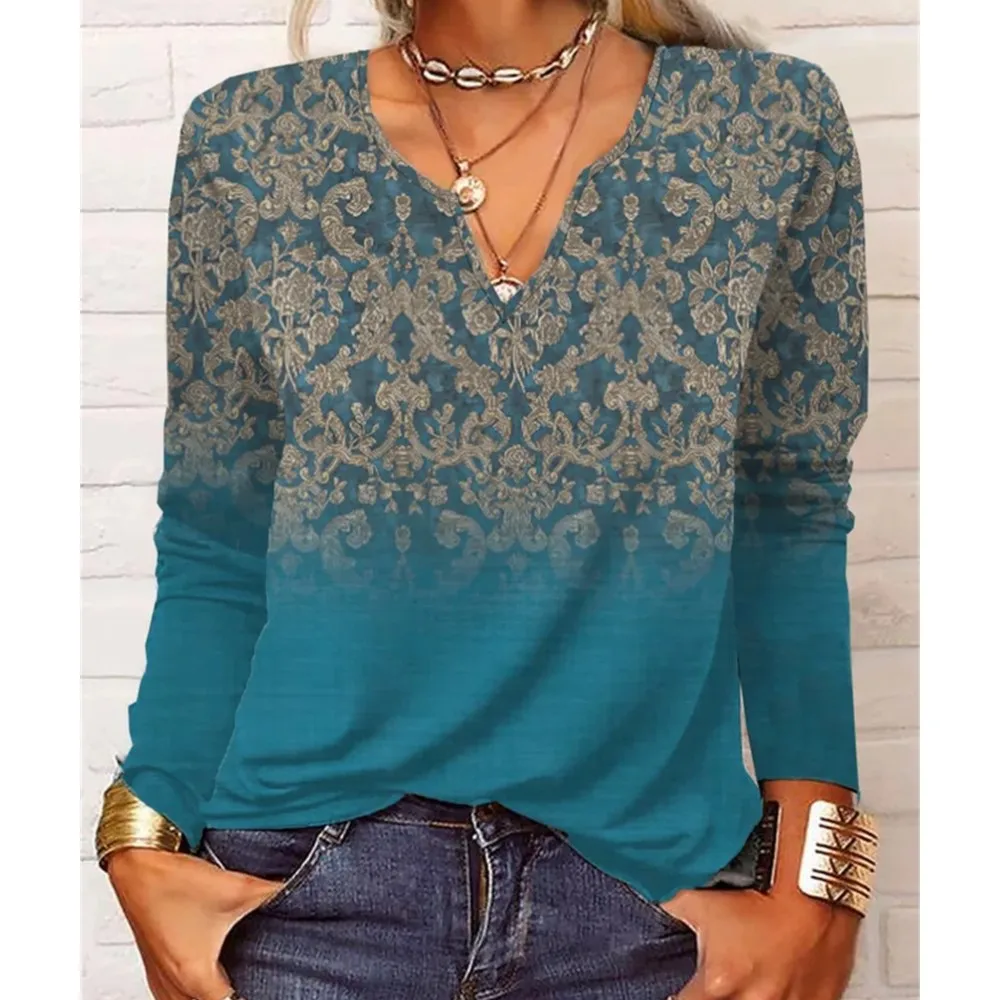 

Женская футболка с длинным рукавом, V-образным вырезом и 3D-принтом