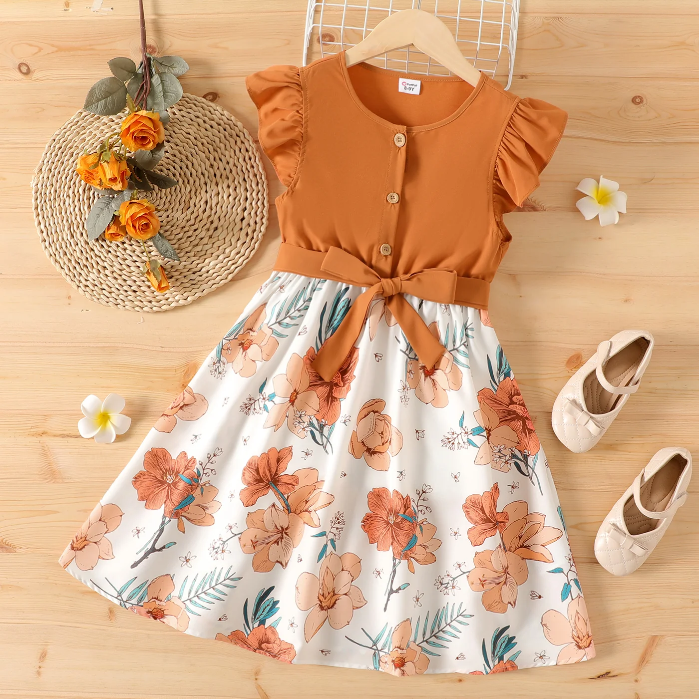 PatPat Girl Kids Dress Elegant Party Ruffled Floral Print Splice Belted Flutter-sleeve Dress girls dress,kids clothes
