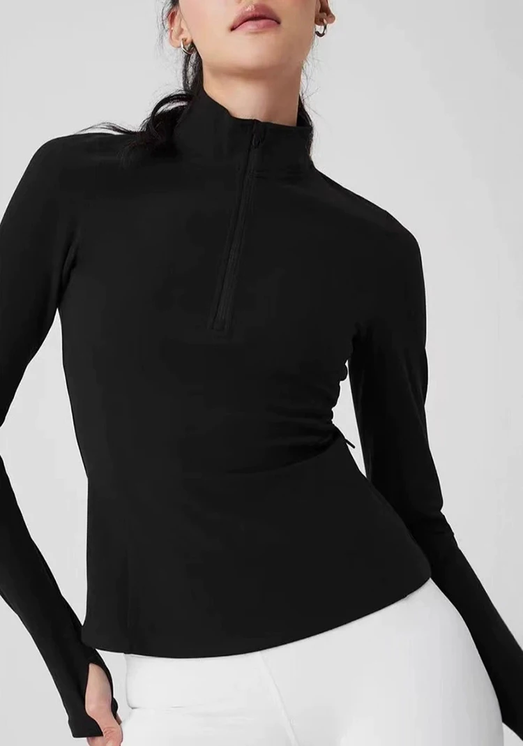 Damen Sportbekleidung Schlankmachende Yoga-Kleidung Jacke Halber Reißverschluss Outdoor Lauftraining Langarm-Oberteil – Detail 4