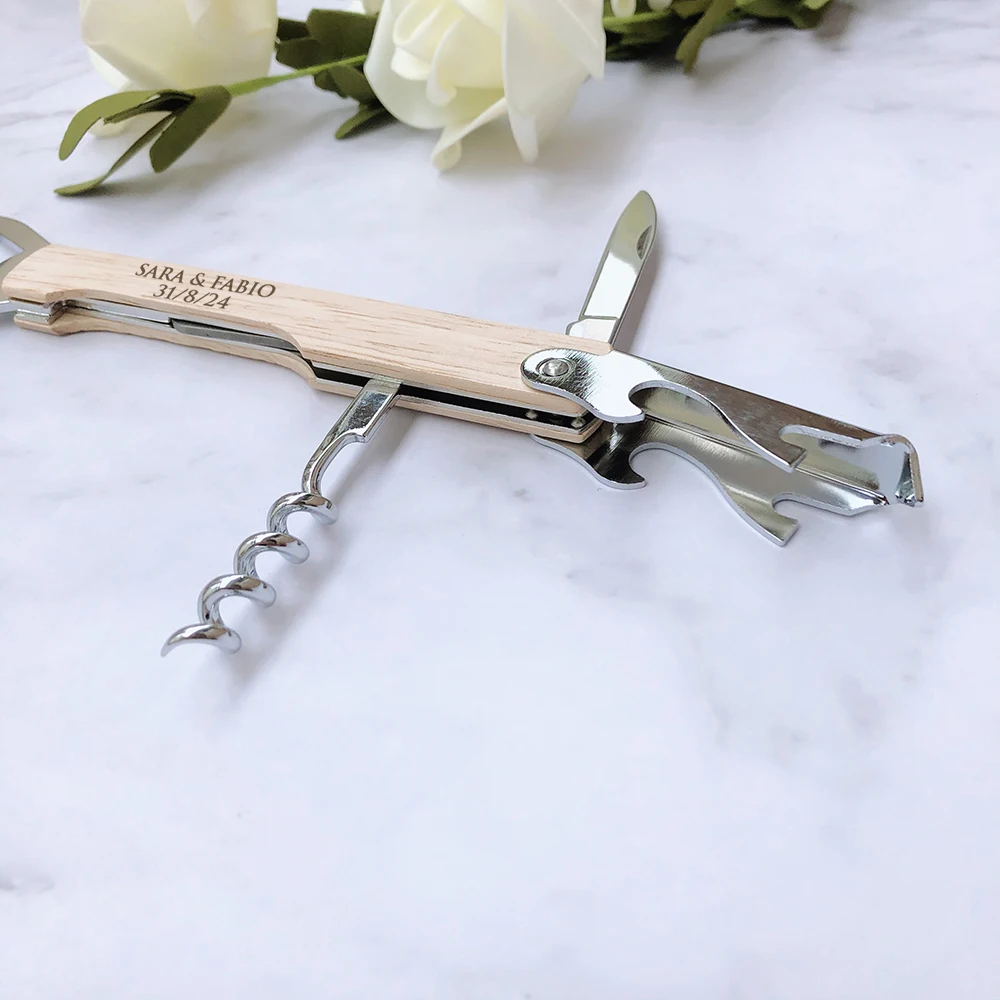 Artificial Rose LED Light Wooden Wine Bottle Stopper Personalized Wedding Party Favor Custom Engraved Wooden Wine Corkscrew & Beer Bottle Opener Wedding Gifts for Guests