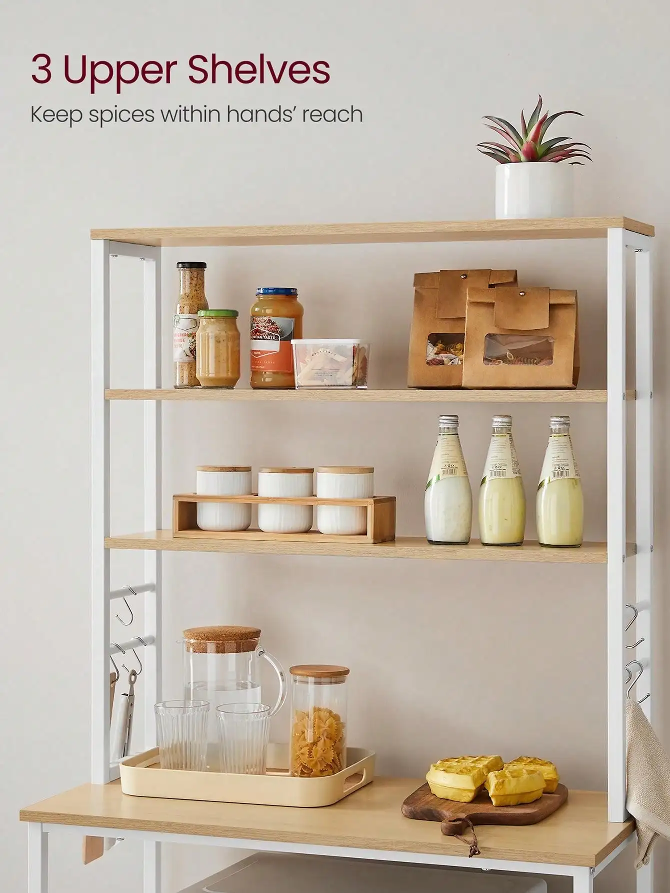 VASAGLE Baker's Rack, Microwave Oven Stand, Kitchen Tall Utility Storage Shelf, 6 Hooks And Metal Frame, Industrial 3