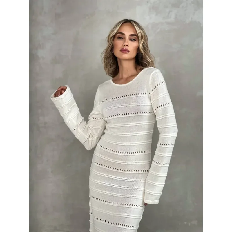 Striped Hollow Two-Wear Knitted Long Dress For Women Fashion Party Club Sweater Dress Vestido FemaleSlim Solid Outfits