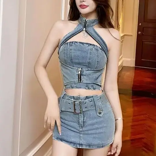 Suit Backless Sexy Hot Girl Denim Top Hig Waist Shorts New Two Piece Set Temperament Fashion Women Spring Summer 2024