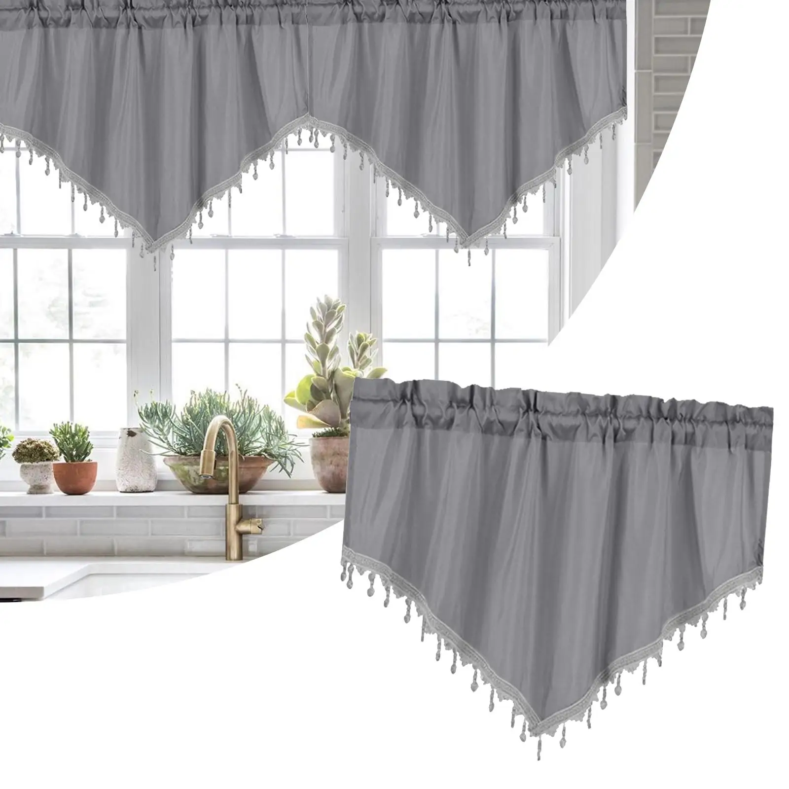 Valance with Tassel Rod Pocket Tier Curtain for Bathroom Kitchen Cabinet