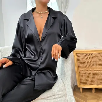 Women Satin Silk Pajamas Set Low Cut Single-breasted Long Sleeve Wide Leg Pants Oversized Sleepwear