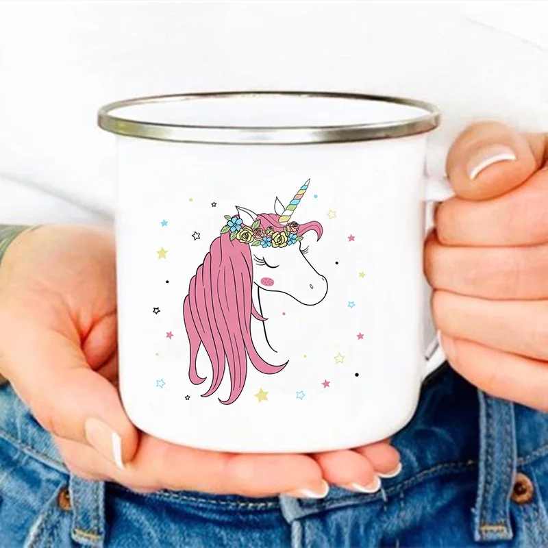 

Cute Cartoon Unicorn Print Creative Water Juice Drink Dessert Breakfast Milk Cup Enamel Mugs Handle Drinkware Kids Birthday Gift