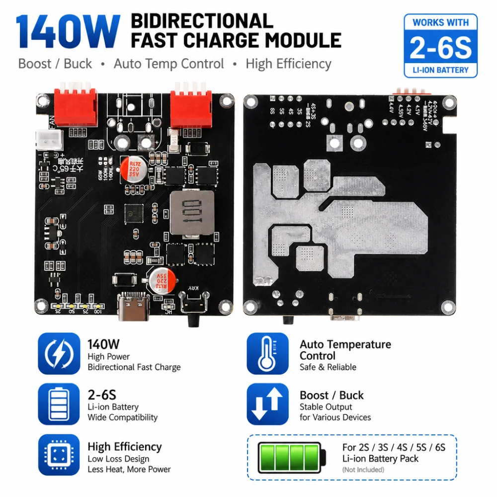 140W 2-6S Lithium-Batterie-Ladeplatine Bidirektionales Schnelllademodul mit automatischer Temperaturregelungsfunktion IP2366