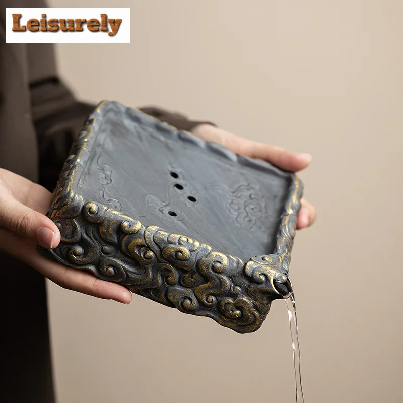 Old Rock Mud Auspicious Cloud Square Pot Bearing Holder Gaiwan Support Water Storage Dry Soaking Table Tea Tray Teaset Ornaments