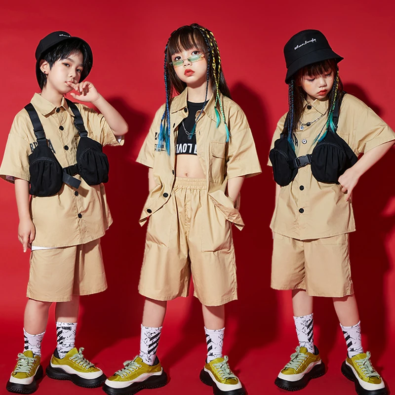 

2022 Hip Hop Dance Clothing Boys Khaki Kpop Outfits For Girls Jazz Dance Costumes Children Hiphop Festival Rave Clothes DQS10139