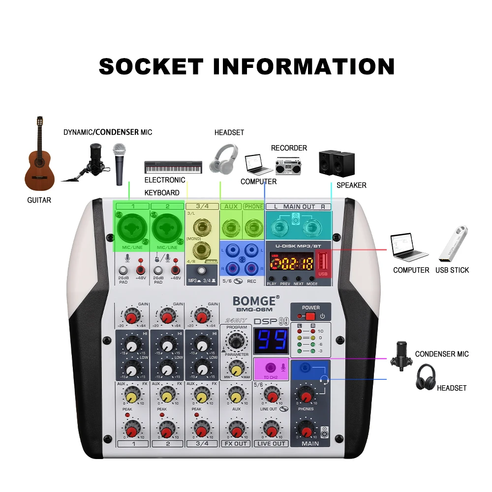 6 channels 99DSP Audio mixer DJ karaoke Mixing Console USB Interface Sound Card 48V PC MP3 DJ Recording