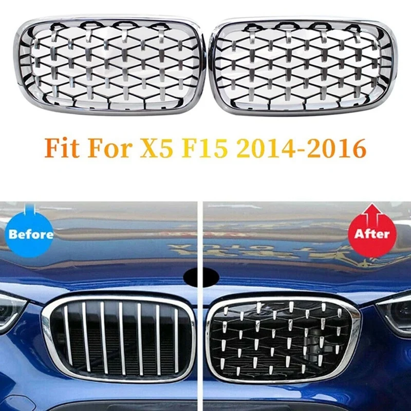 전면 키드니 다이아몬드 유성 스타일 그릴, BMW X5 F15 X6 F16 2014 2017 레이싱 그릴 크롬, 2 개