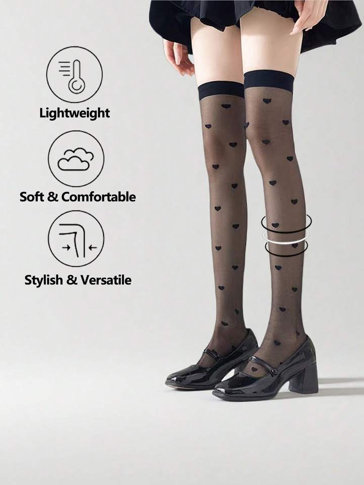 1Pair Love Heart Over Knee Socks,Trendy & Romantic, Women's Summer Ultra-thin Transparent Stockings
