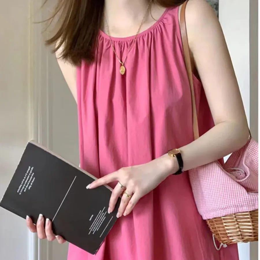 French Style Sleeveless Strap Dress Women Summer High Sensation Vest A- Line Long Dress White Enhancing Raspberry Red Dress