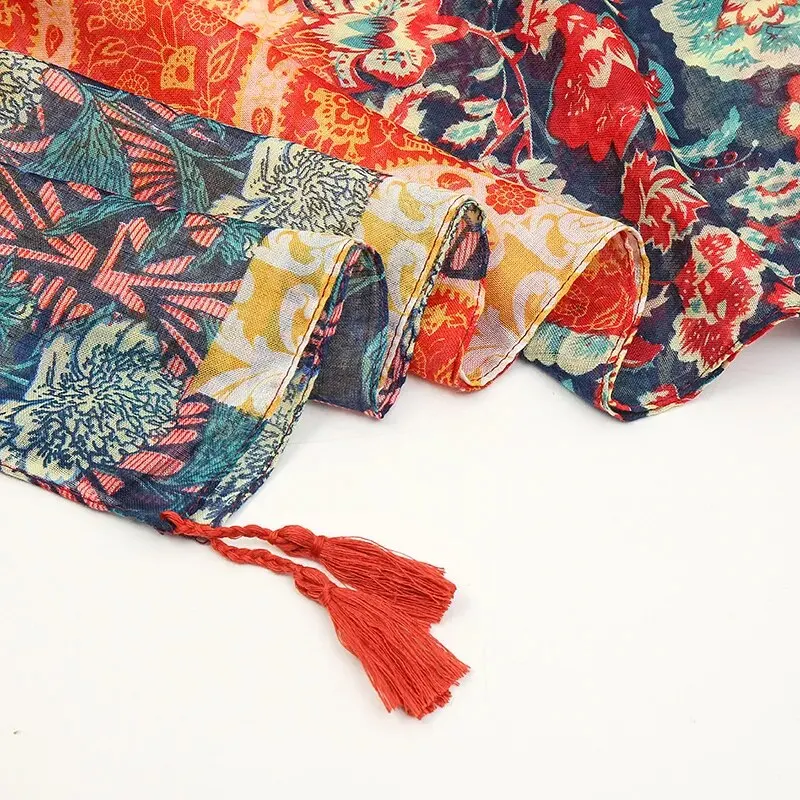 Printed Scarf Floral Cotton Viscose Tassel Shawl For Women 185*100cm