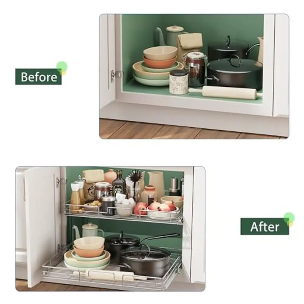 2 Tier Pull-Out Kitchen Cabinet Organizer Storage Shelves Rust Resistant Metal Adjustable Height Holds up to 100 lbs Fits 32"