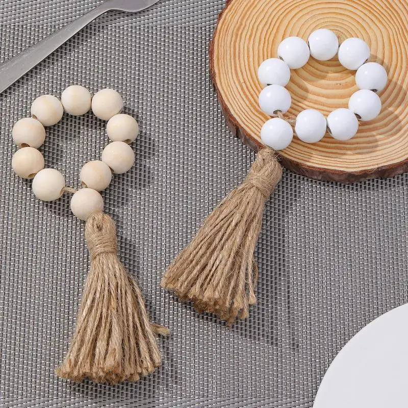 Wood Bead Garland Farmhouse Rustic Wall Hanging Decor Boho Home Decorations with Heart Knot Woven Tassel Pendant ﻿