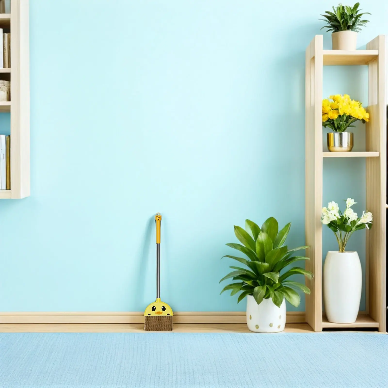 어린이용 청소 빗자루 노란색 가벼운 무게 손에 쥘 수 있는 빗자루 고운 광택 마감 처리된 가장자리 어린이에게 안전한 빗자루 일상 사용