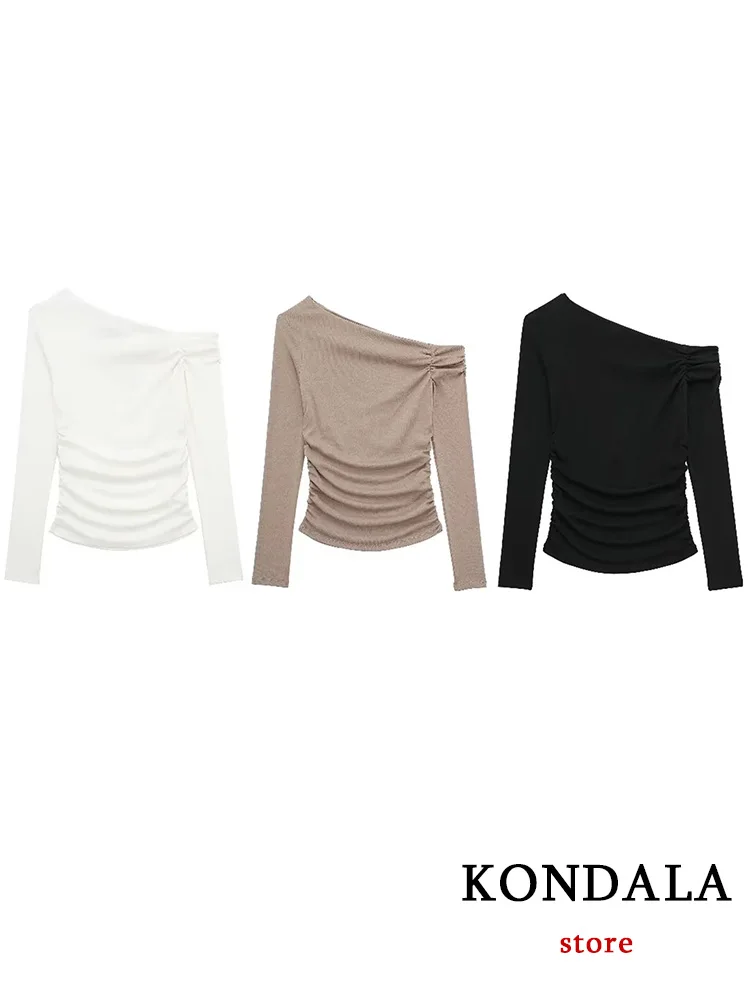 

KONDALA Vintage Chic Women Solid Tops Skew Collar Long Sleeve Folds Slim T-Shirt Fashion 2024 Autumn Winter Holiday Sheath Tops