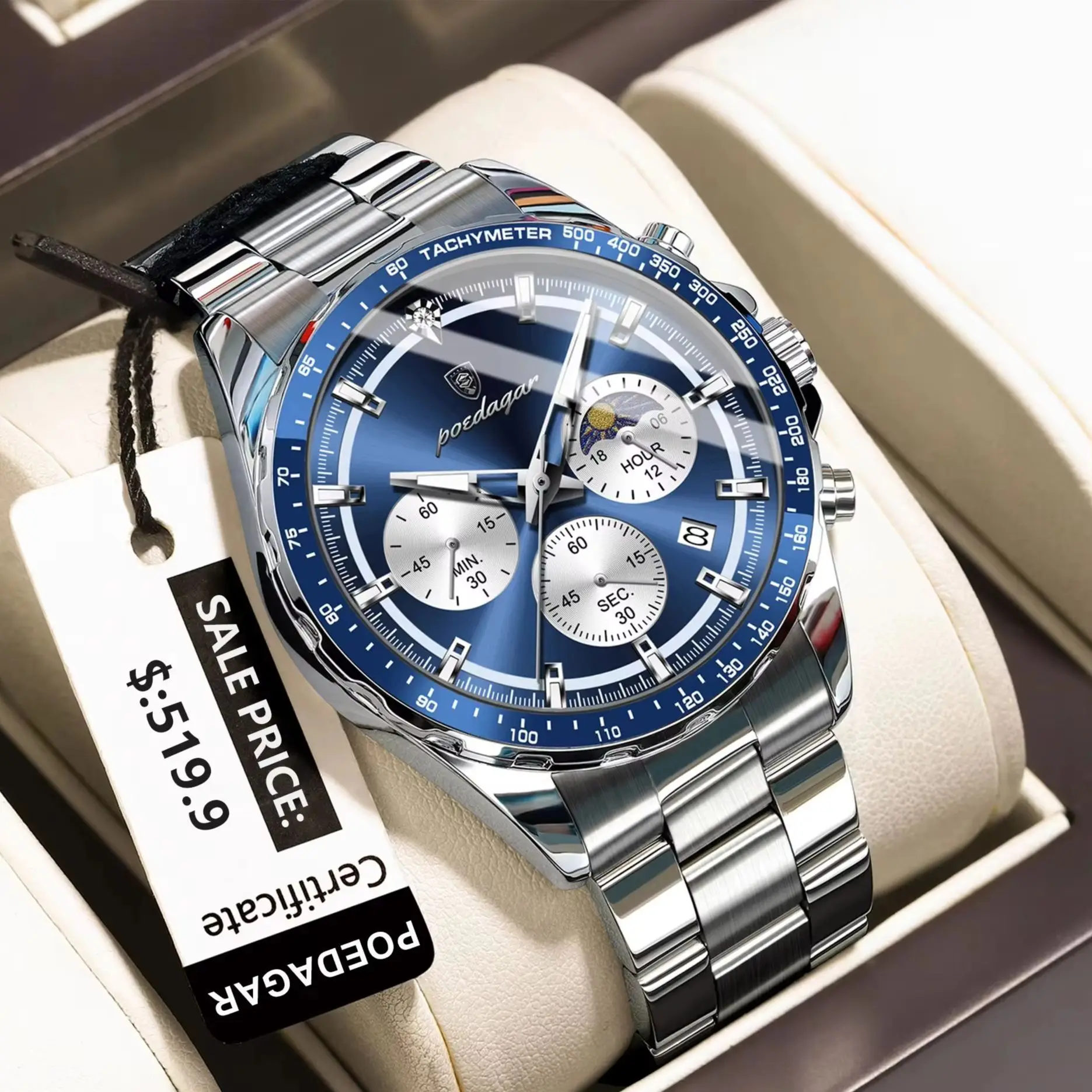 POEDAGAR Original Men Clock Sports Waterproof Luminous Chronograph Date Watch For Man Stainless Steel Quartz Men's Watches Reloj 1