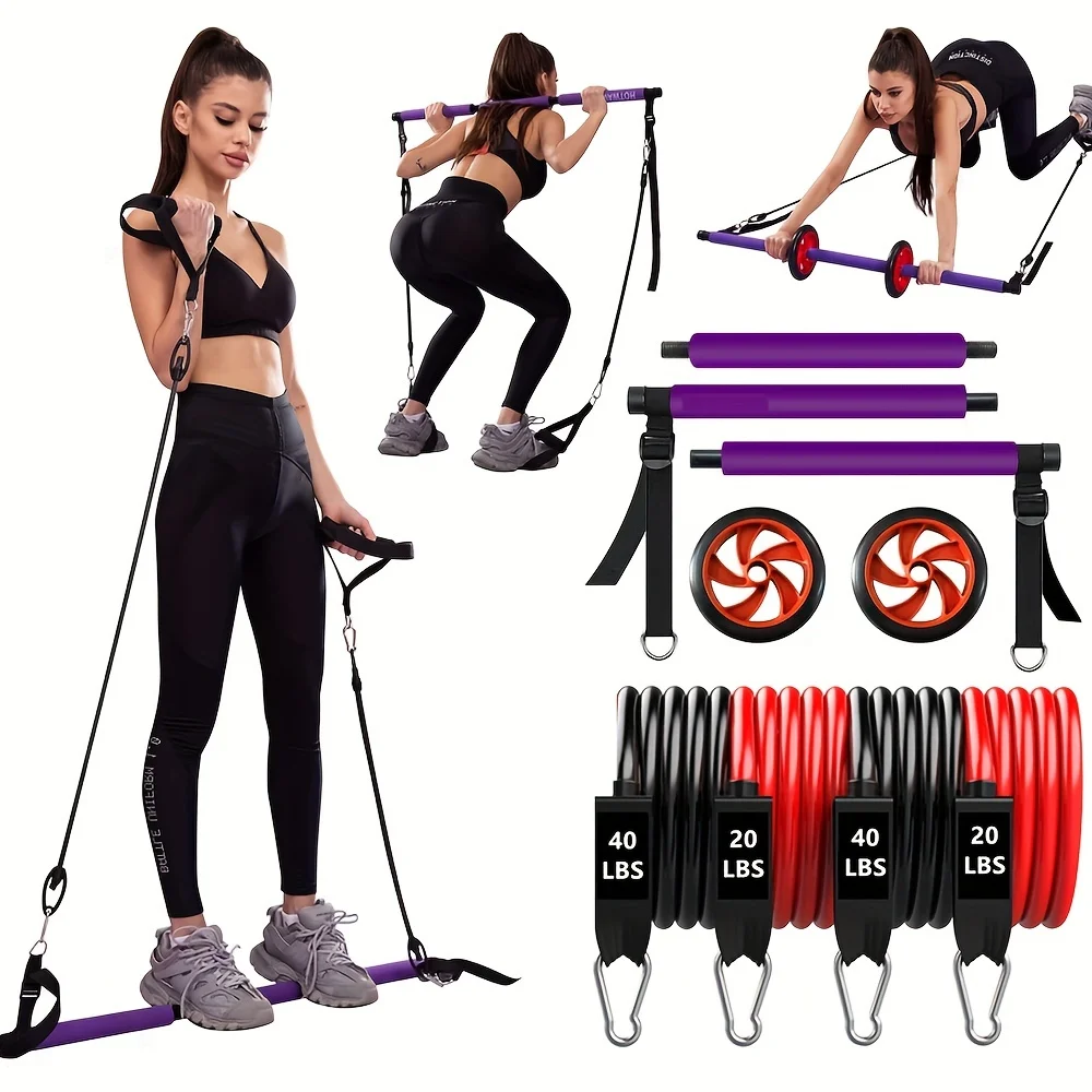 Fitness Pilates Bar Kit Resistance Bands with Ab Roller for Abs