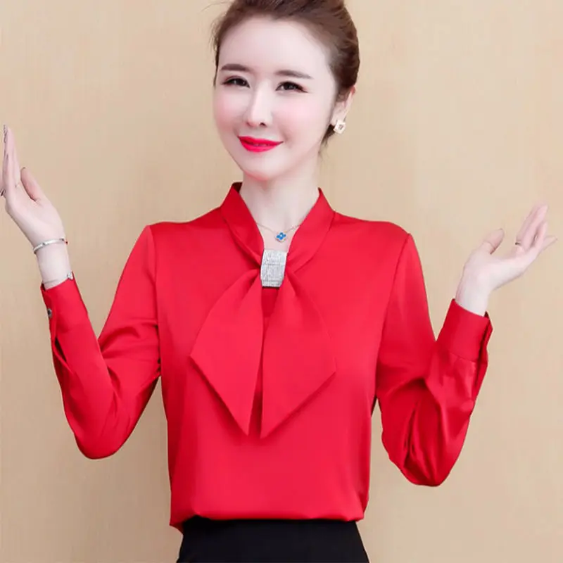 Elegant Solid Color Bow Shirt Tops Spring Autumn New Long Sleeve V Neck Loose All-match Blouse Fashion Office Women Clothing