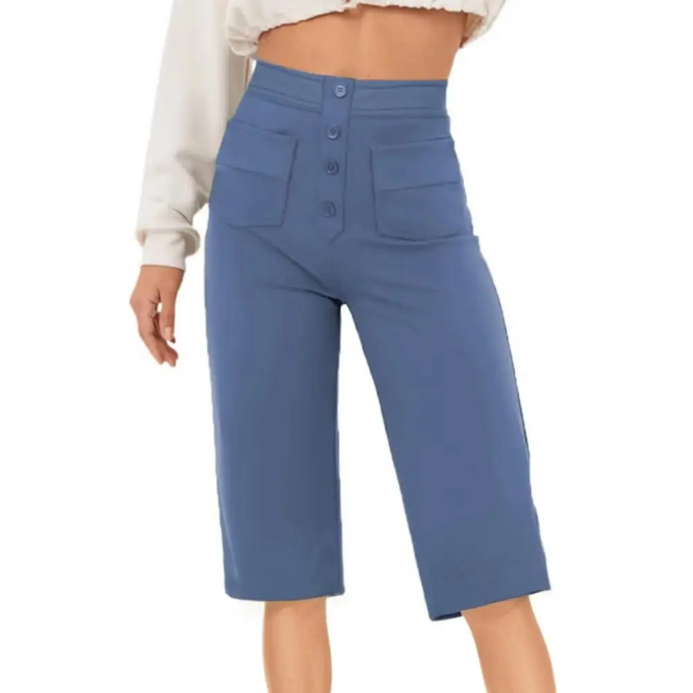 

Stretchy Straight-leg Cropped Pants High Waist Button Decor Straight Leg Shorts with Multiple Pockets for Women Stretchy Work