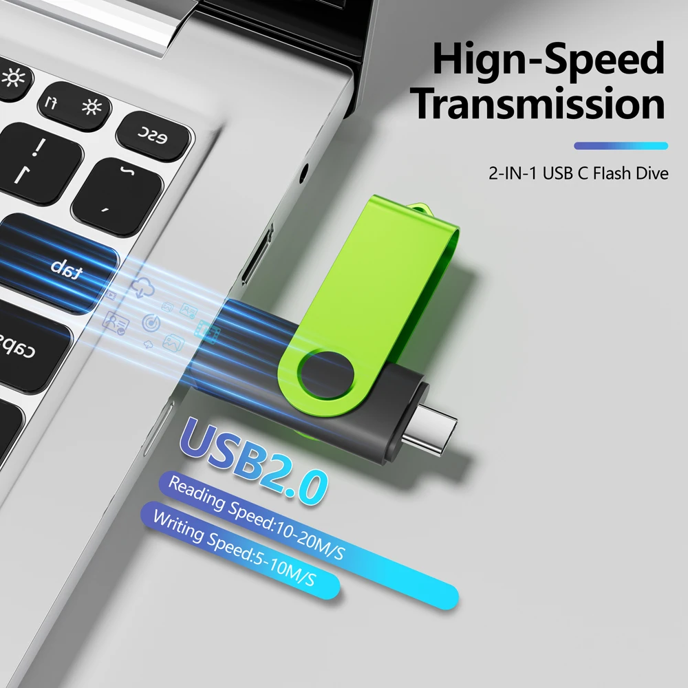 1개 무료 로고 증정 녹색 회전형 펜 드라이브 TYPE-C 2 in 1 USB 플래시 드라이브 8GB 128GB 녹색 휴대폰 고속 메모리 스틱 4GB