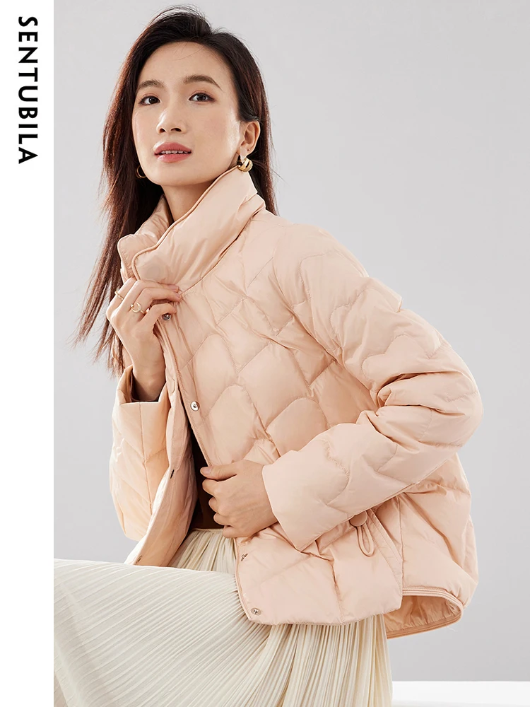SENTUBILA Winter Gentle 90 White Duck Down Jacket for Women 2023 Autumn Warm Single Breasted Lightweight Crop Jacket W34Y50153
