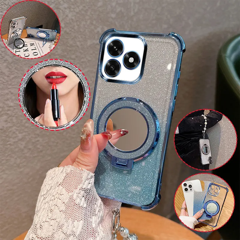 Bling Glitter Lipstick Mirror Phone Case with Pearl Chain - Anti-Drop Shockproof Cover