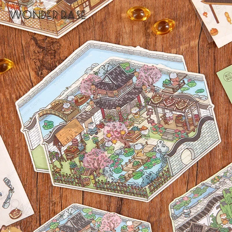 Cartoon Cat Leisure Life in 4 Seasons DIY Miniature Scene Stickers 3D Pocket Cabin Scene Stacking Pasting Gift for Kid Child