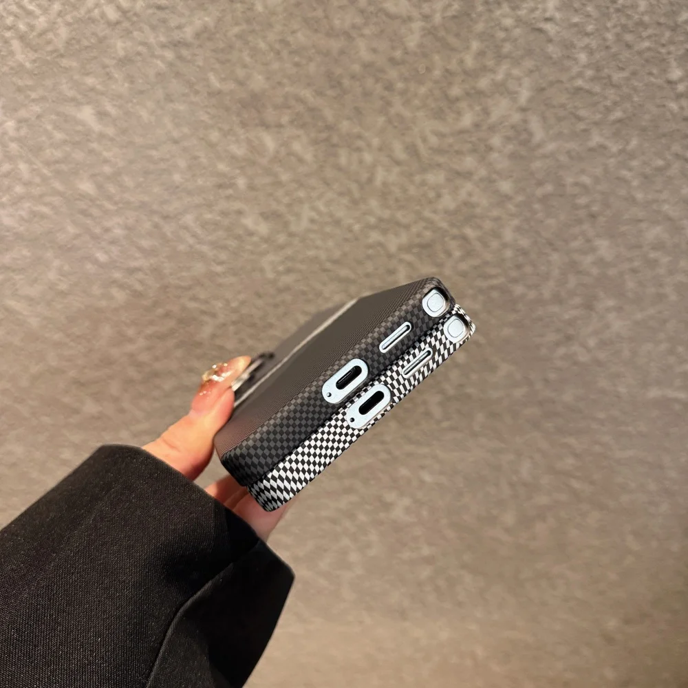 Luxury Carbon Fiber Texture Phone Case with Wireless Charging and Alloy Lens Bumper