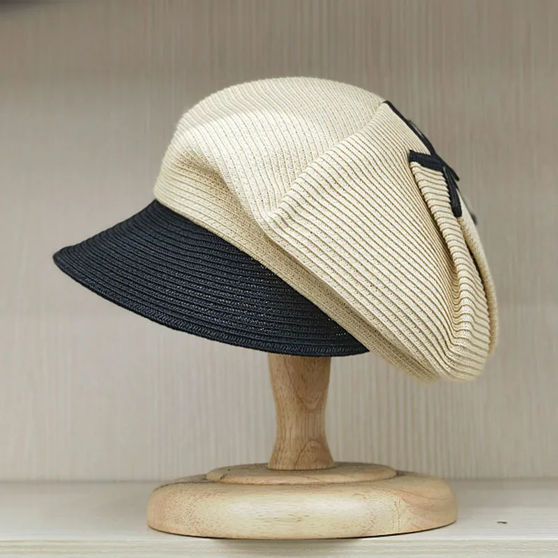New Bow Summer Hat Beach Sun Cap Two Tones Patchwork Straw Cap Wide Brim Visor Newsboy Hat Vacation Beach Foldable Lady Girl