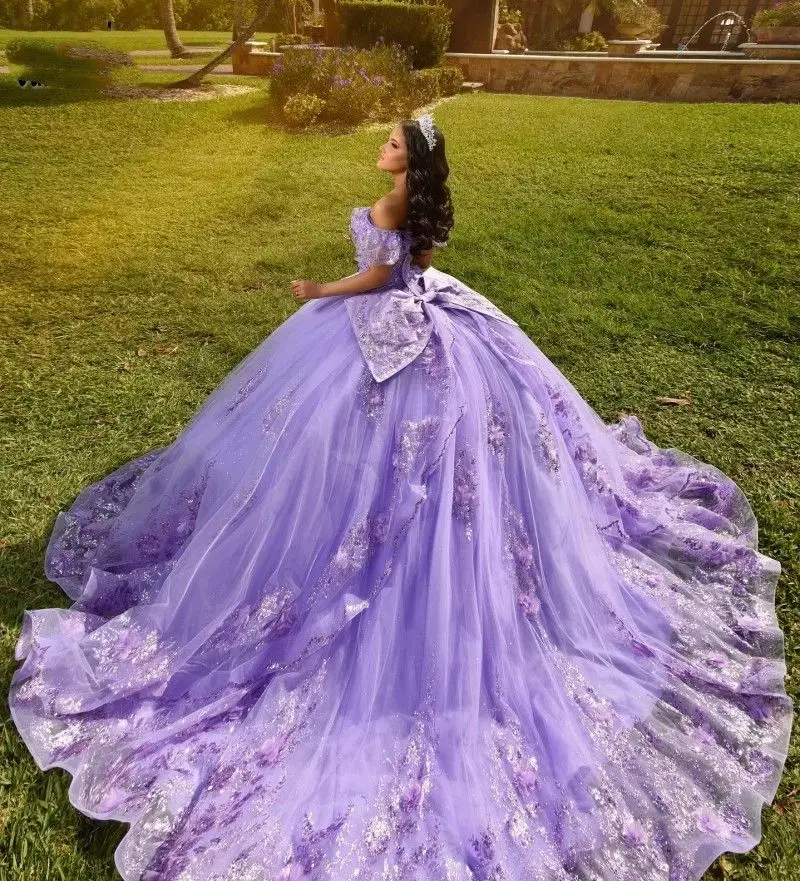 

Lorencia Lavender Lilac Quinceanera Dress With Bow Lace Applique Sequins Beading Mexican Sweet 16 Vestidos De XV 15 Anos YQD434