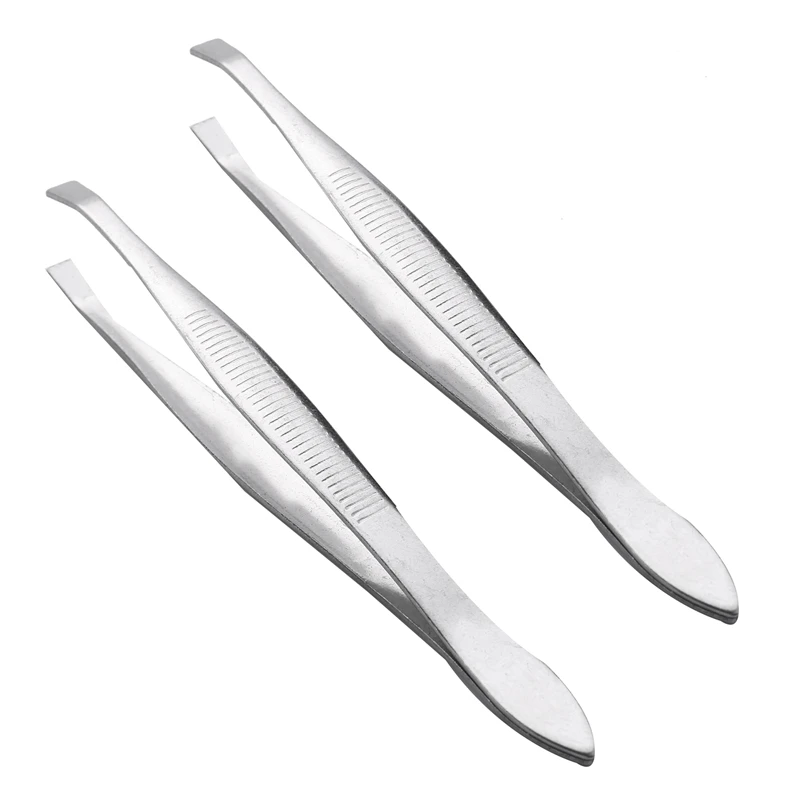 

2X Silver Tone Slanted Flat Tip Metal Hair Eyebrow Tweezer Cosmetic Tool For Lady