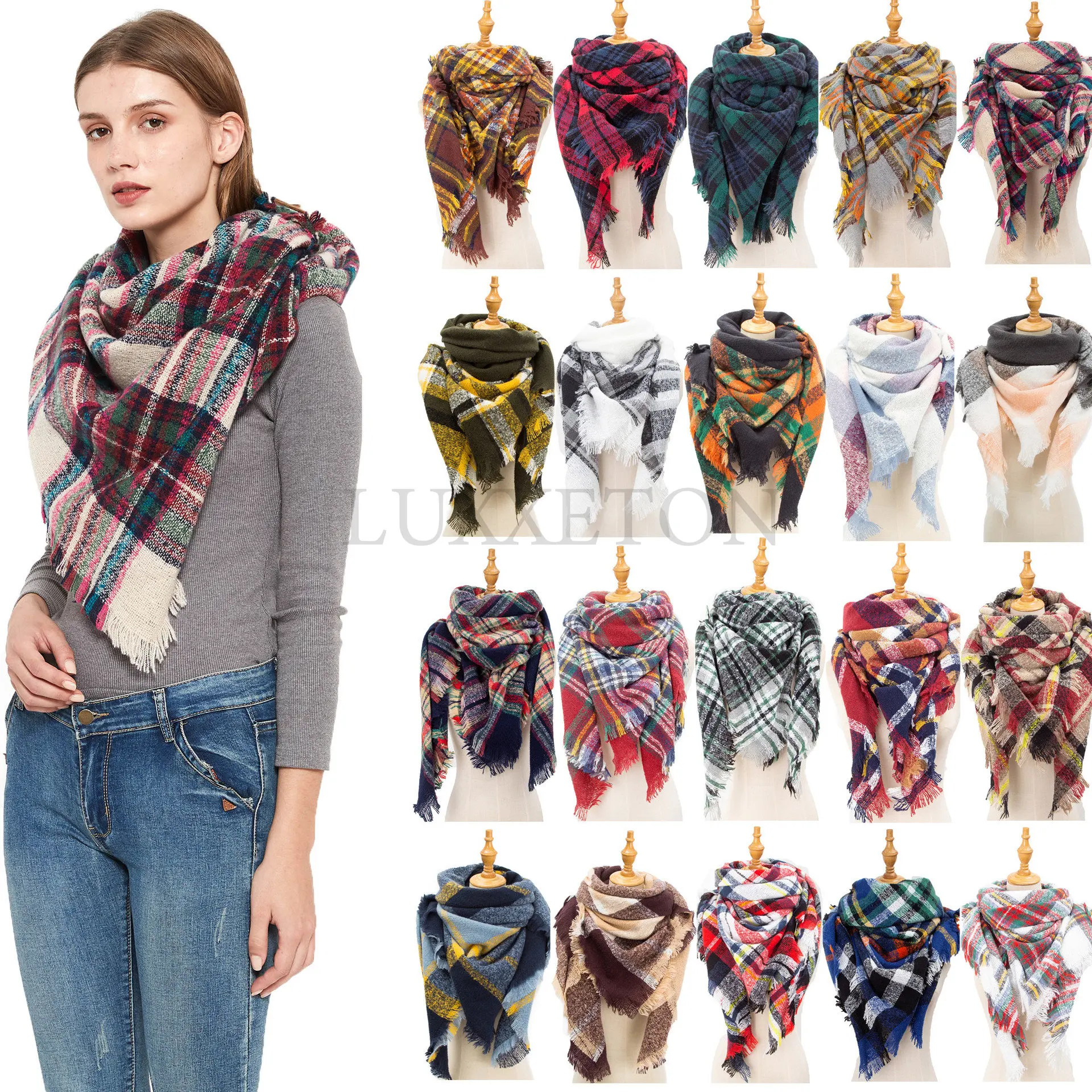 

Women Cashmere Winter Scarf Knit Pashmina Bandana Plaid Female Warm bib Triangle Scarves Ladies Blanket Shawls Clothes Accessory