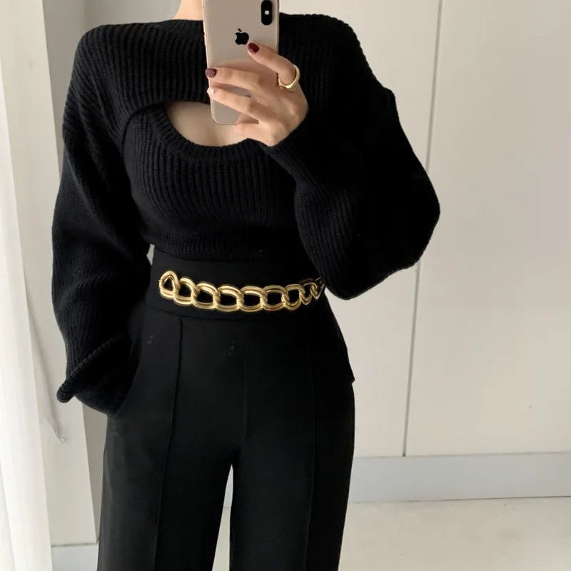 Autumn and Winter New Fashion Women's Clothing Two-piece Set Elegant Long-sleeved Sweater Sexy Vest Lady's Knitted Pullovers