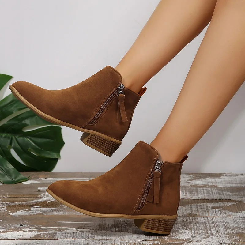 Stylish women's boots suede pointed zipper ankle boots Low heel comfort new autumn and winter plus size women's boots