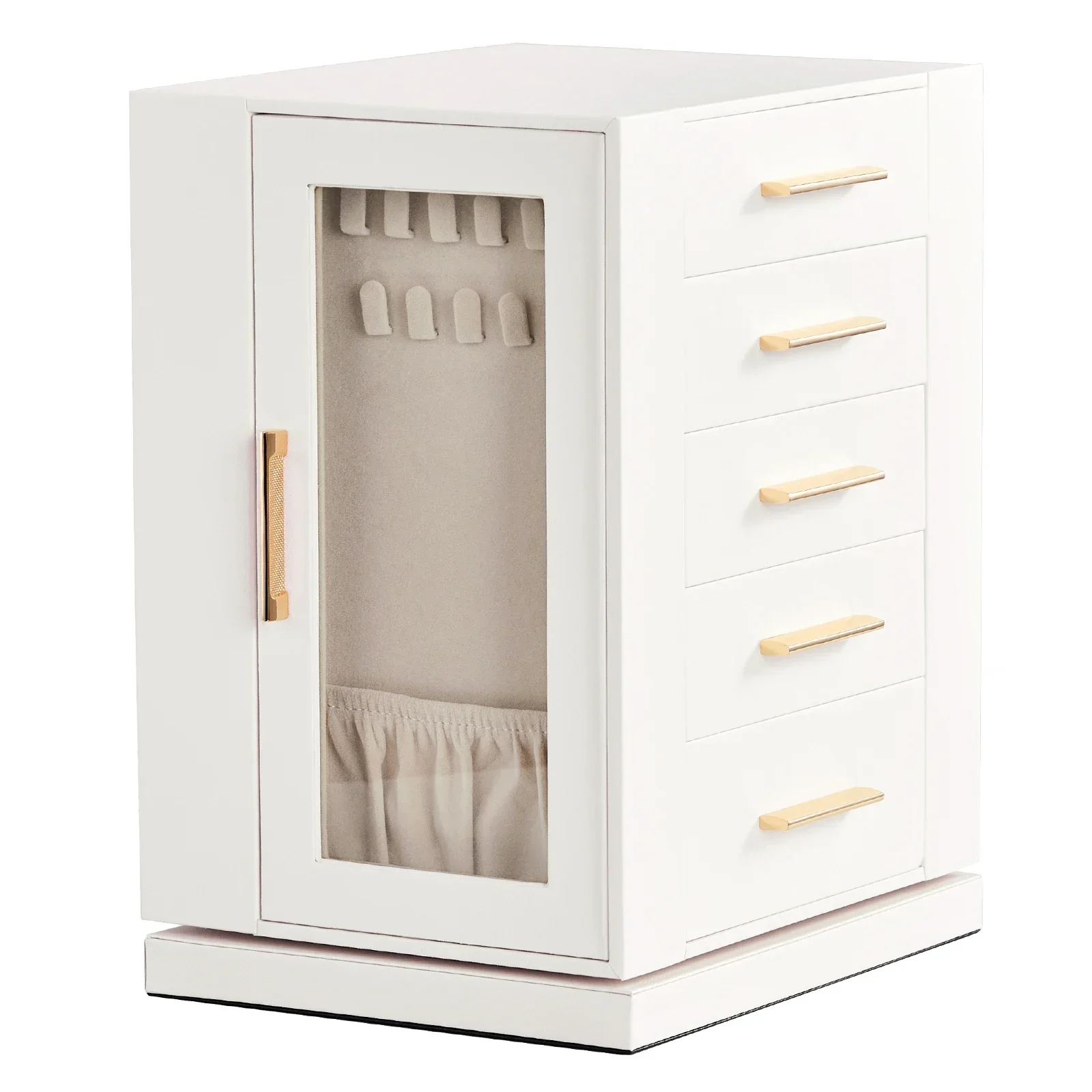 Front Visibility With Storage Capacity Of 4 Puffs White Cabinet Pink Velvet Jewelry Box