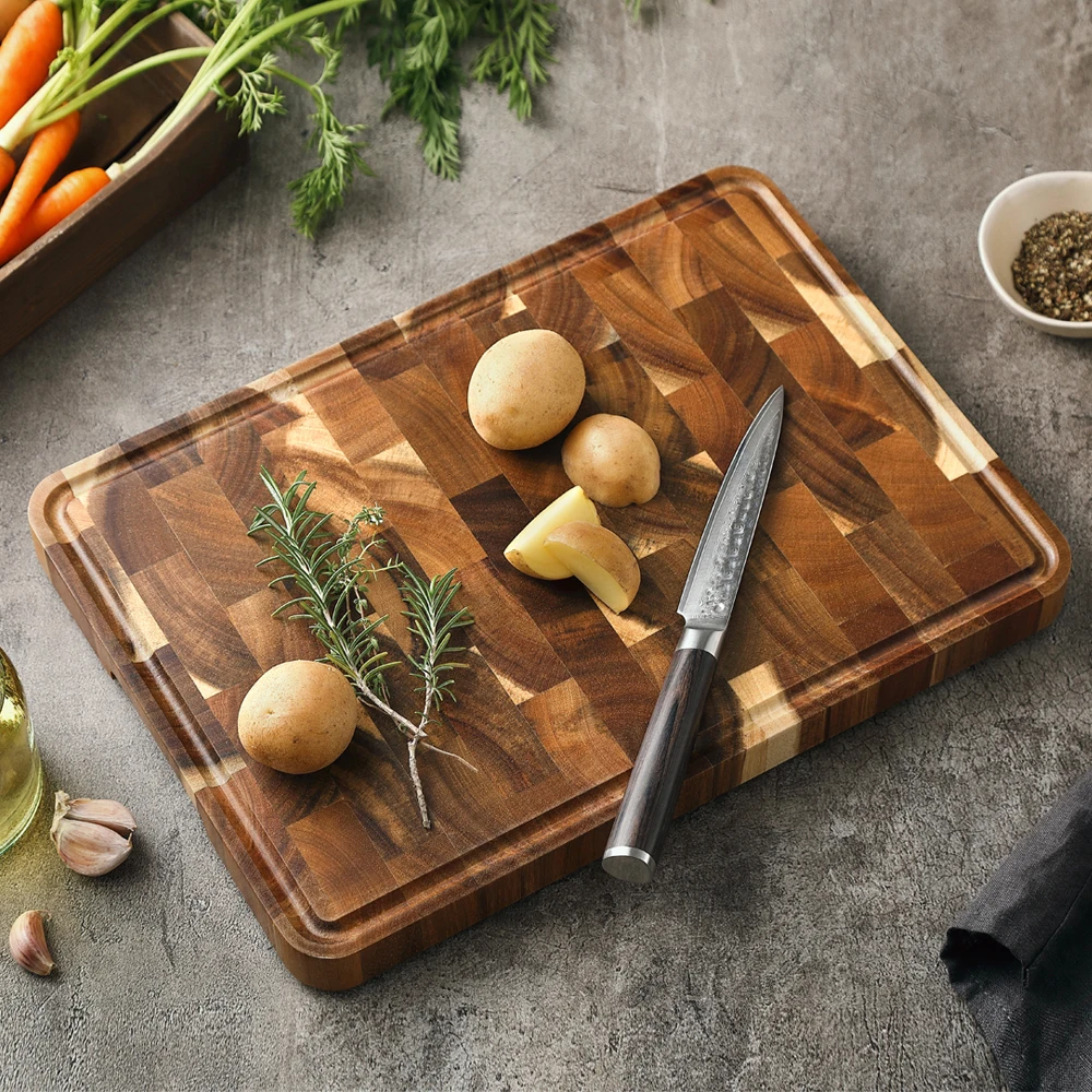 HEZHEN Premium Acacia Wood Splicing Cutting Board with Drain and Damp-Proof Features
