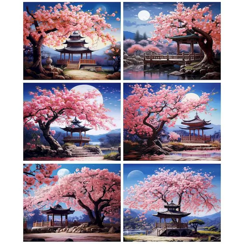 

CHENISTORY Painting By Number Peach Blossom Tree Courtyard Landscape Coloring By Number For Adults Handicraft Living Room Decor