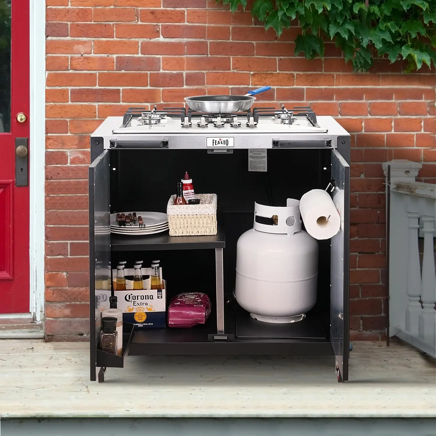 Movable Outdoor Gas Stove Stainless Steel Top with Cabinet, 5 Burners with 36,200 BTUs, Outdoor Propane Grill for Outdoor Cookin 2