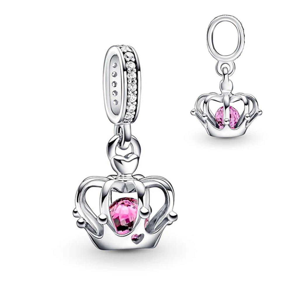 

Pink Glass Hollow Crown Pendant Charm Fit Original Pandora Bracelet DIY Women Shining Jewelry Gift