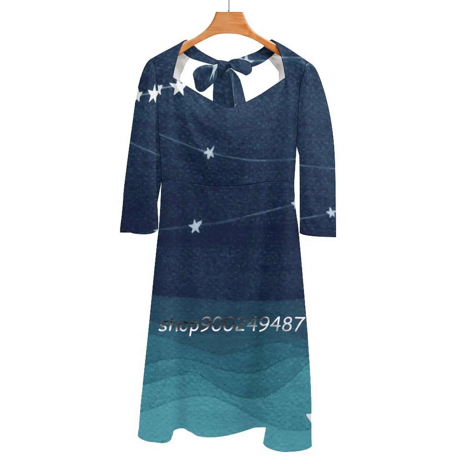 

Garland Of Stars , Teal Ocean Sweetheart Knot Flared Dress Fashion Design Large Size Loose Dress Sailboat Boat Sailor Sailing