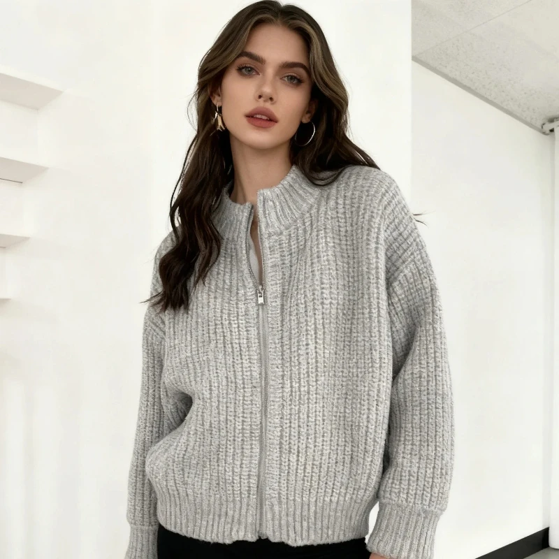 Autumn and Winter New Women's Crew Neck Knitted Long-sleeved Sweater Elegant Cardigan Zipper Knitwear Solid Color Casual Top