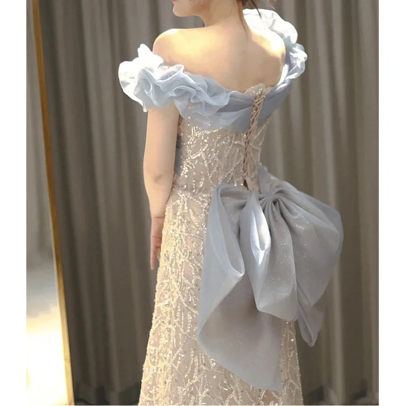 Fish Tail Evening dress wedding party Elegant Banquet Spring One Shoulder Sequins Party vestido de festa