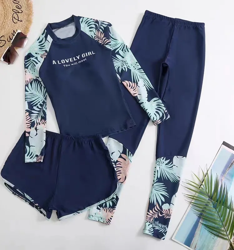 Long Sleeve Surfing Swimsuit Women 3-Piece Diving Clothes Print Swimwear with Shorts Pants Beachwear Bathing Swimming Suit