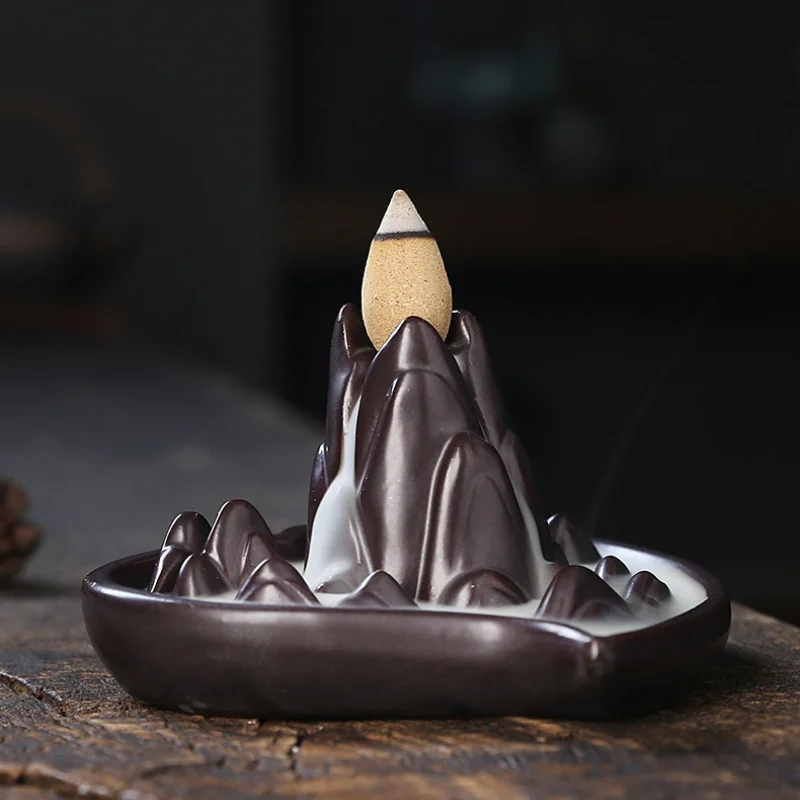 Ceramic Backflow Incense Burner - Creative Heart-shaped "High Mountain and Flowing Water" Design, Home Decoration Ornament&Gift