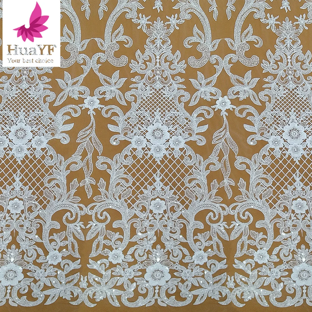 

Чистая белая сетчатая кружевная ткань, высококачественные бусины, блестки, бусины, тюль, кружевная ткань для свадебного платья HY2813