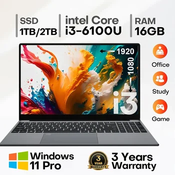 15,6 "Intel Core i3 6100U ordenador portátil Windows 11 Pro 16GB RAM 512GB 1TB SSD portátil Notebook PC Oficina estudio portátiles